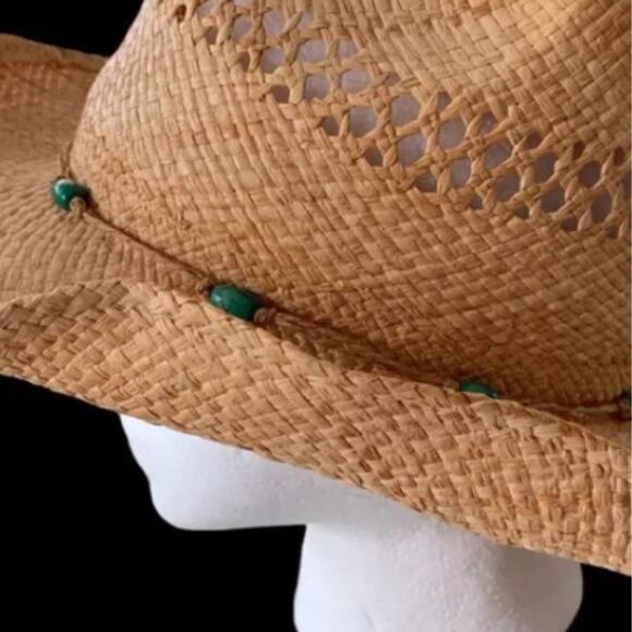 Cov-Ver World natural straw hat Unisex Size Small Medium Turquoise wooden beads - Picture 5 of 5